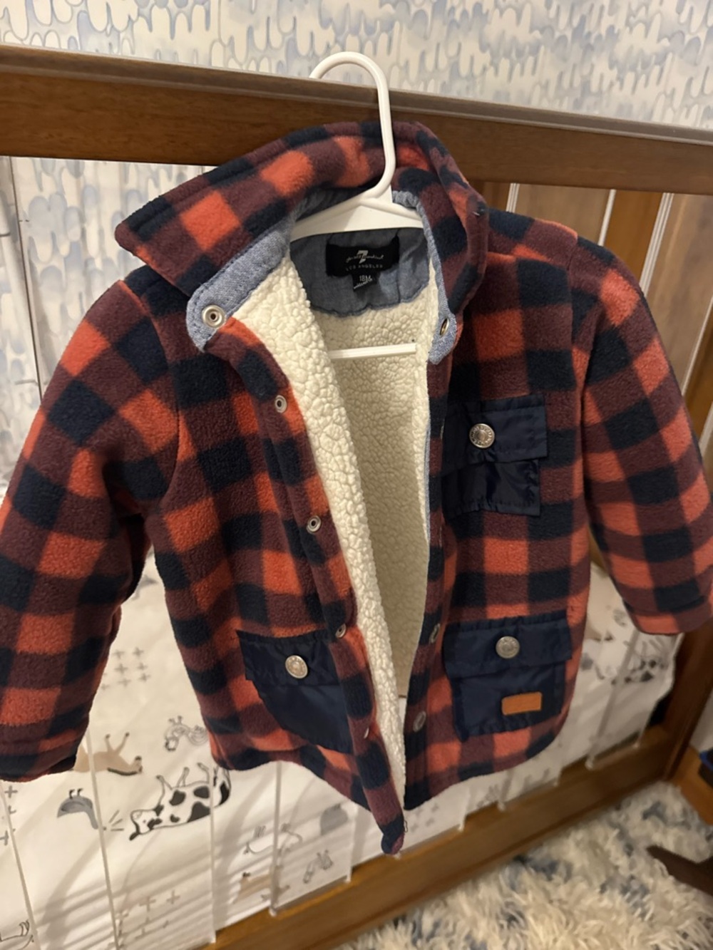 7 for All Mankind Kids Red & Navy Plaid Sherpa-Lined Jacket 18 month